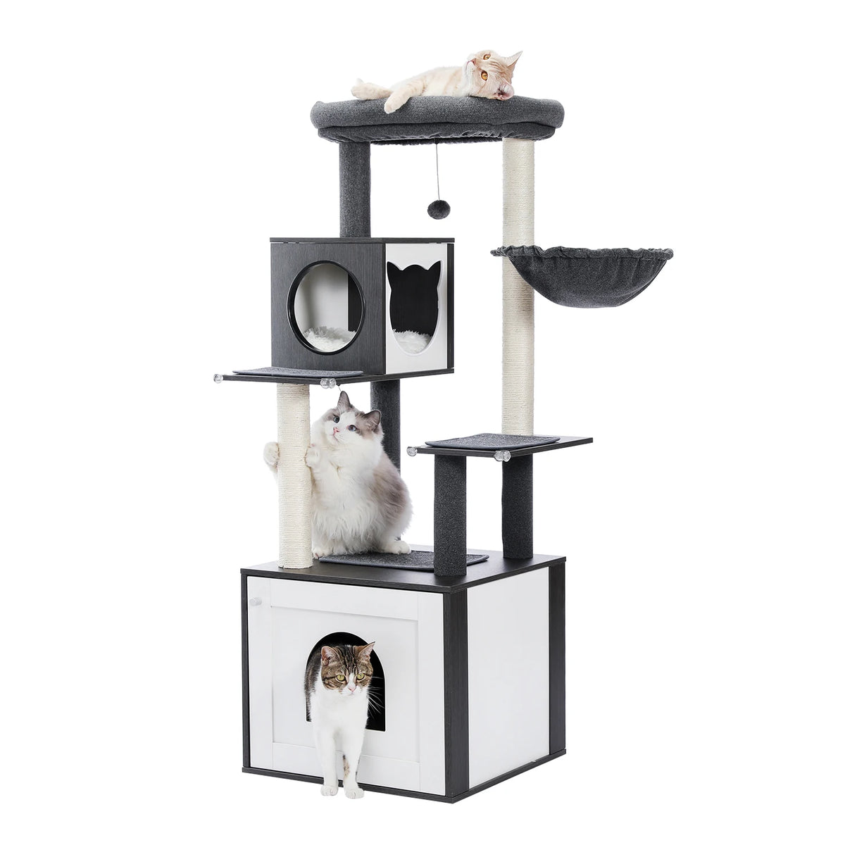 A wooden cat tower featuring a litter box enclosure, scratching posts, and a platform for a cat.