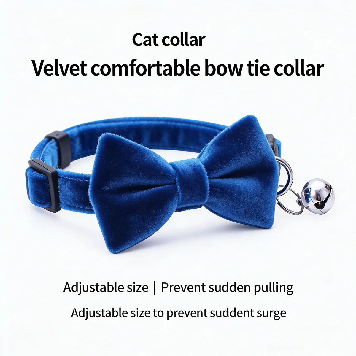 A dark blue velvet bow tie cat collar with an adjustable strap and silver bell.