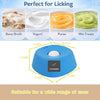 Blue ergonomic slow feeder dog bowl with a non-slip base shown with various food types