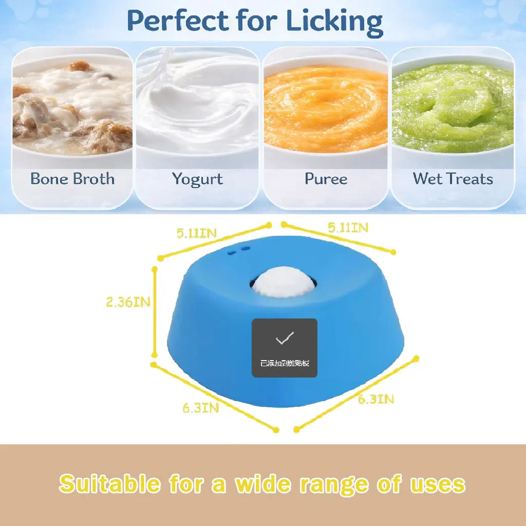 Blue ergonomic slow feeder dog bowl with a non-slip base shown with various food types