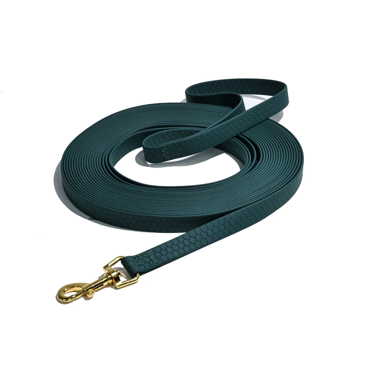 A dark teal durable waterproof dog leash with a rustproof metal hook coiled on a white background.
