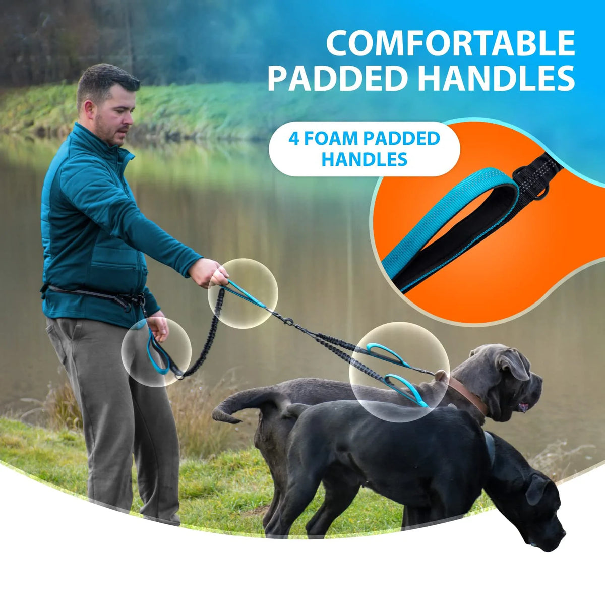 Hands-Free Double Dog Leash for Two Dogs – Padded Handles & Reflective Stitching for Medium and Large Breeds