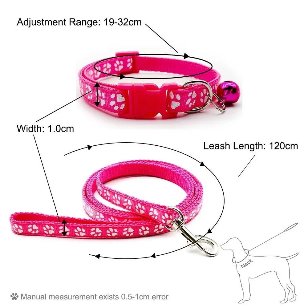 A bright pink breathable pet walking lead with an adjustable collar and leash, shown with dimensions.