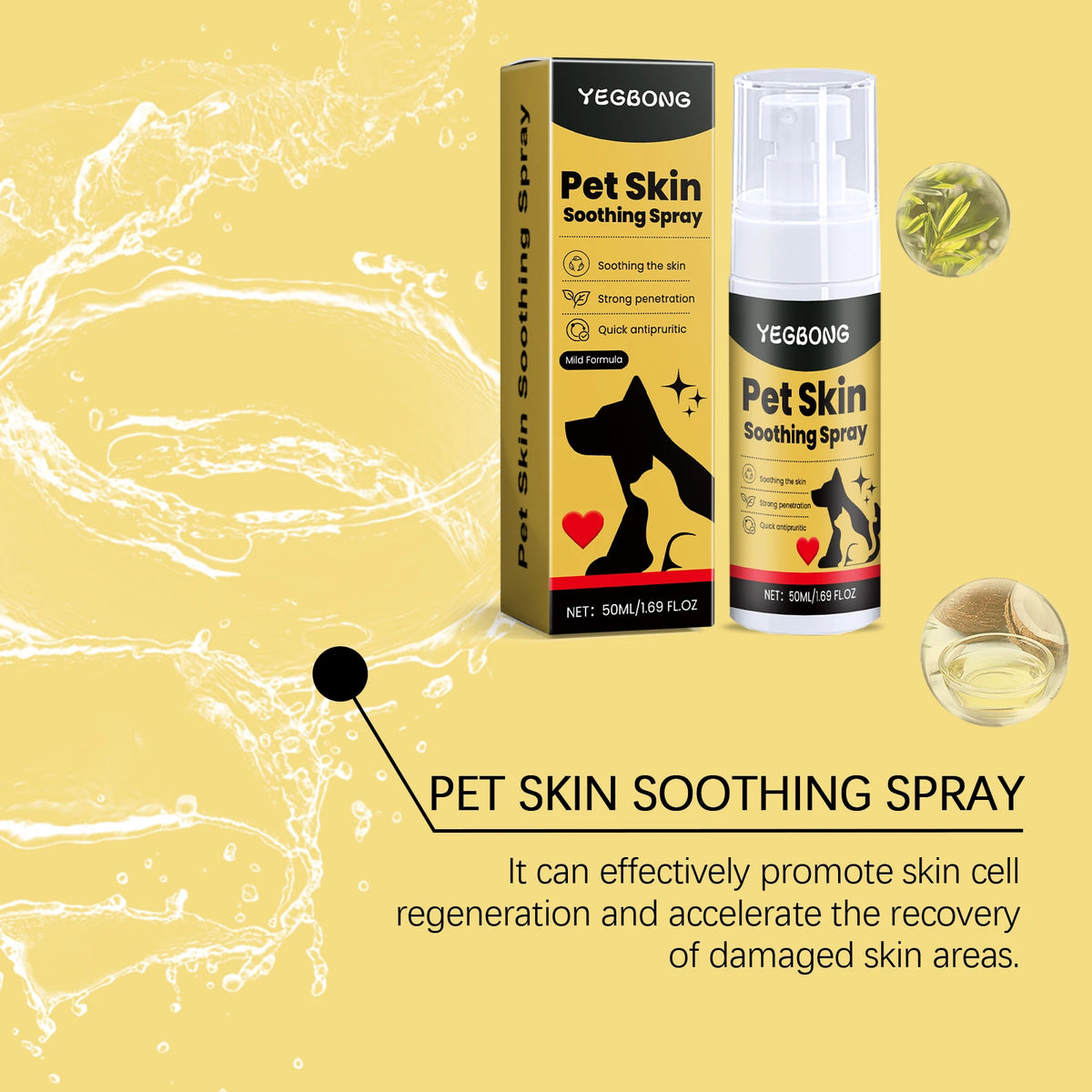 Bouteilles de spray apaisant pour la peau Yegbong et une goutte de liquide sur fond jaune.