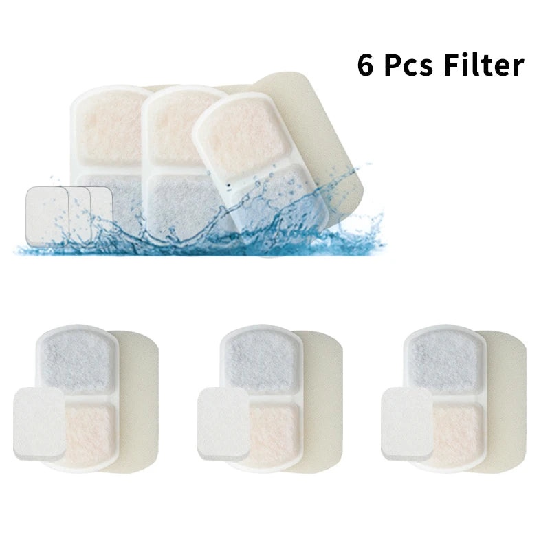 Six replacement filters for pet water fountains shown in various forms and a water splash context.