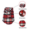 A red and black plaid dog vest with strong buttons and high-quality fabric.