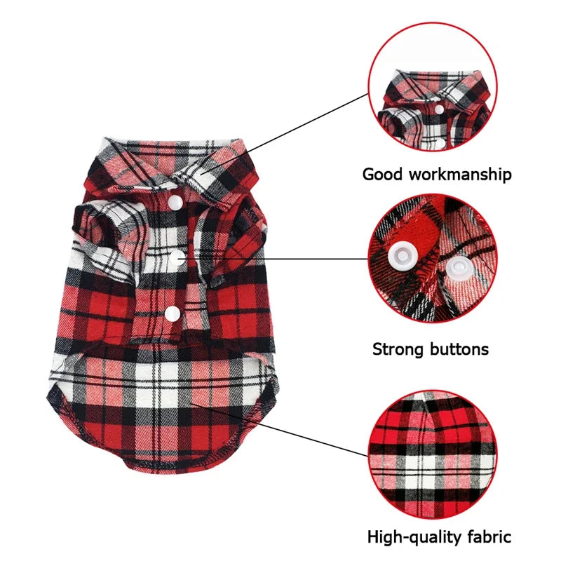 A red and black plaid dog vest with strong buttons and high-quality fabric.