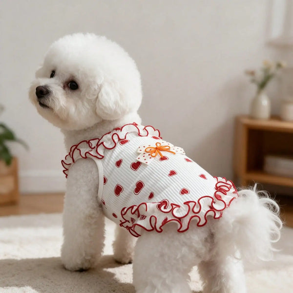 A fluffy white dog wearing a red heart bow ruffle sleeveless tank top.