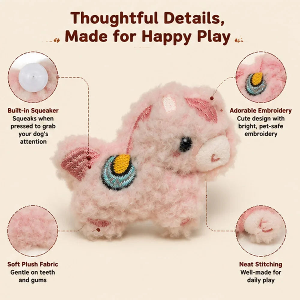 Pink plush squeaky dog toy with adorable embroidery details for happy play