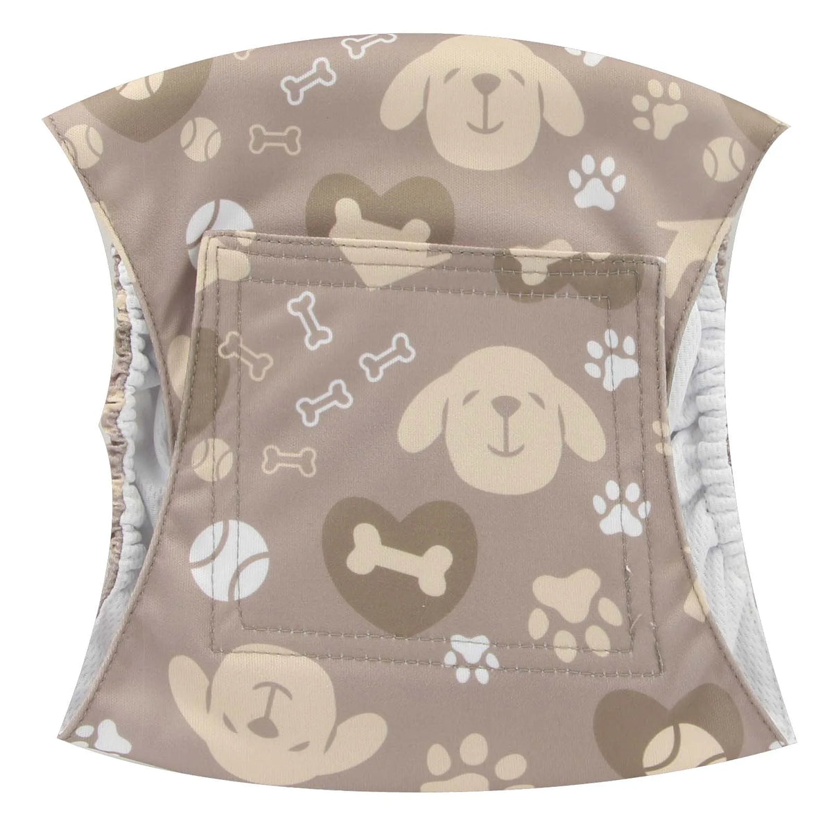 A beige and tan reusable adjustable belly band for a male dog, featuring paw print and bone patterns.