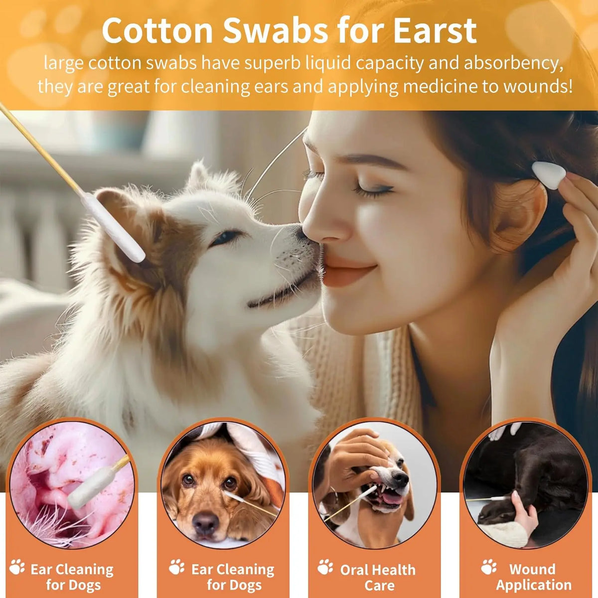 Extra-Long Double-Tipped Cotton Swabs for Pet Ear Care