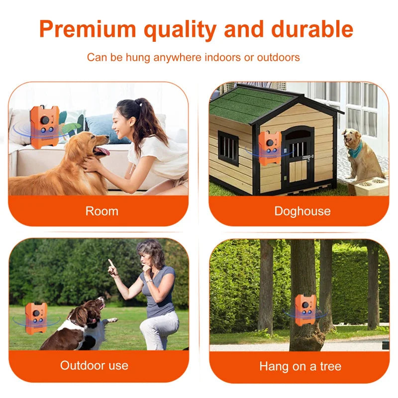 A rechargeable ultrasonic dog bark deterrent device is shown in various contexts including a room, doghouse, outdoor use, and