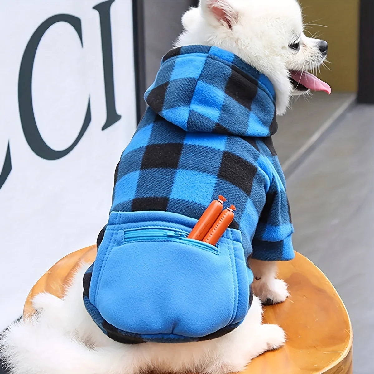 Plaid Fleece Pet Hoodie with Zipper Pocket