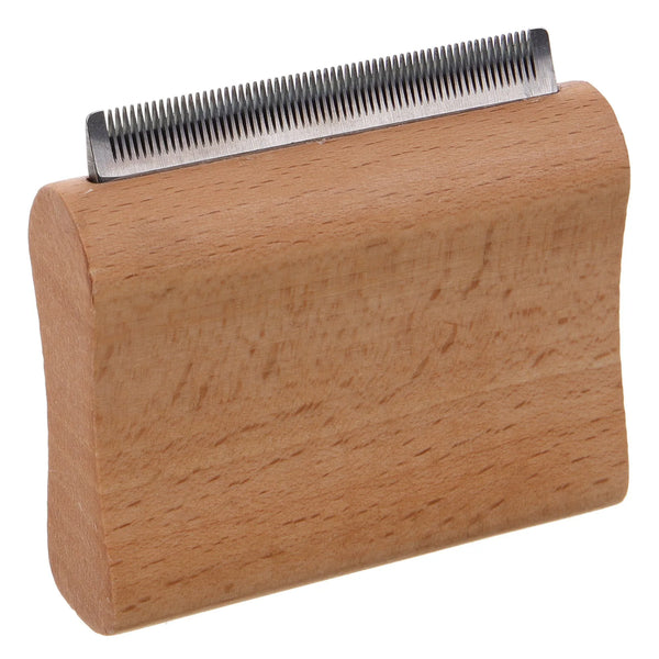 A wooden horse grooming brush with a stainless steel scraper attached.