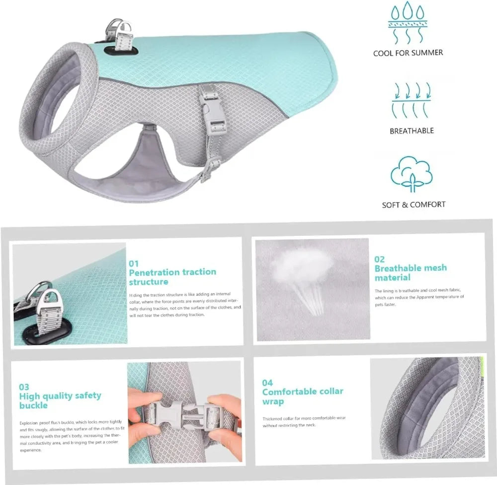 Light blue and gray summer dog cooling vest featuring a breathable mesh, safety buckle, and comfortable collar wrap.