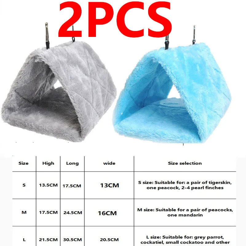 Two pairs of plush, fuzzy bird hammocks or nests in gray and blue colors for small birds