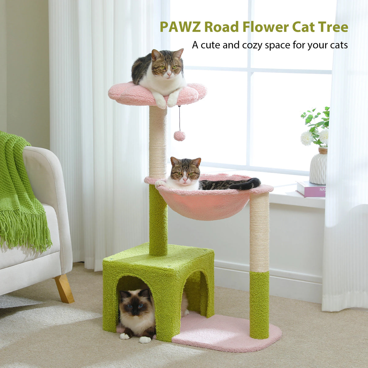 A pink and green PAWZ Road Flower Cat Tree with sisal posts for cats