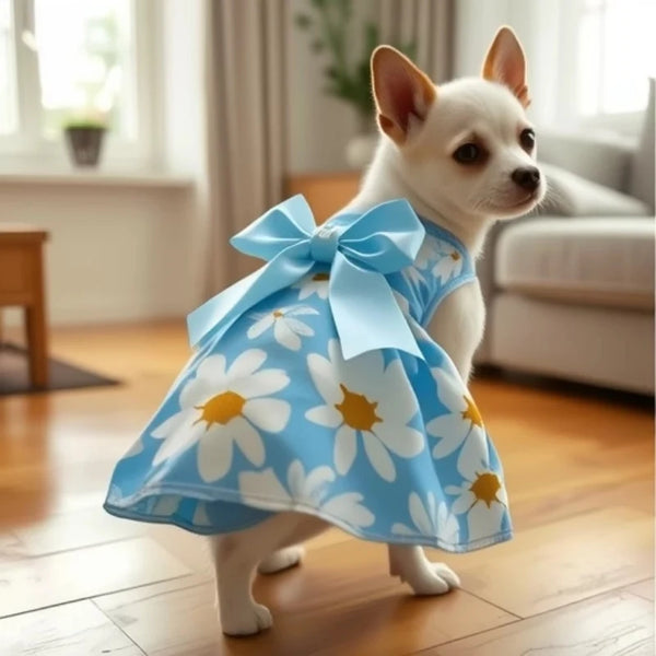 A white dog wearing a blue and white floral dress with a bow, standing indoors.