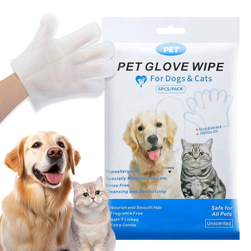 A package of pet glove wipes for dogs and cats, showing a white glove and two animals.