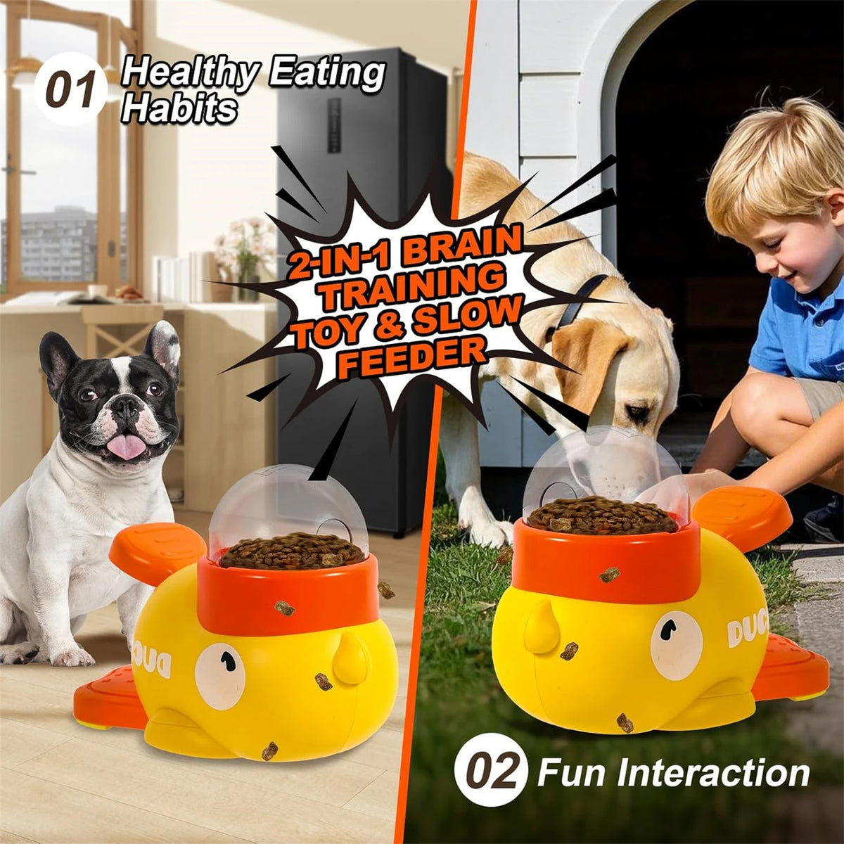 Gelbes interaktives Entenspielzeug und Slow Feeder für Hunde, gezeigt mit einem Hund und einer Katze.