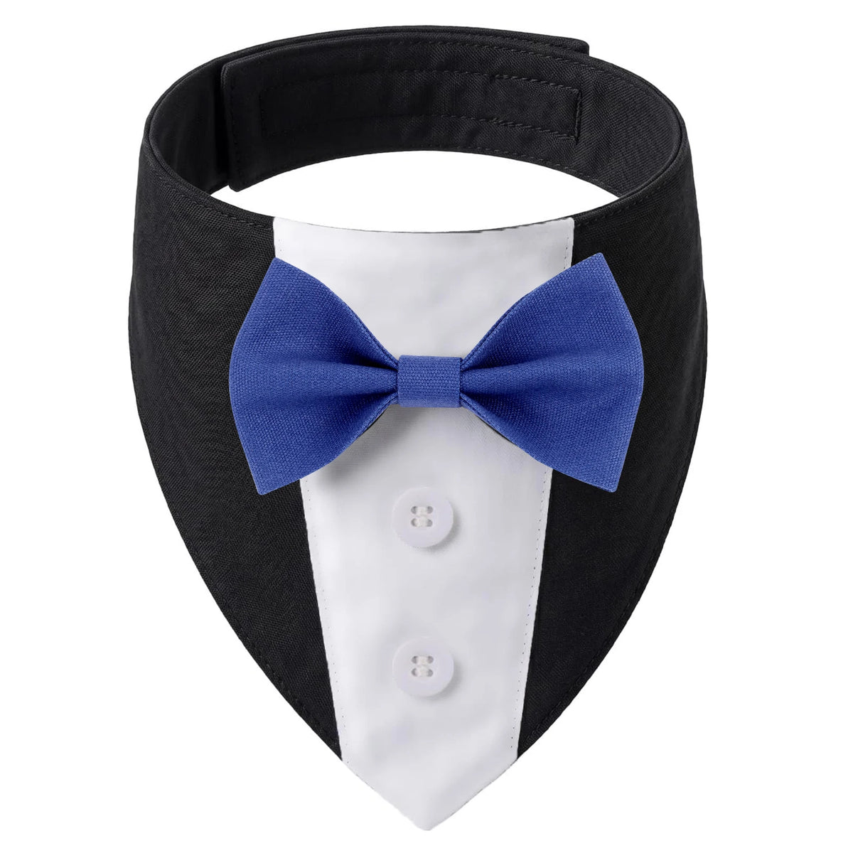 Black and white elegant dog tuxedo bandana with a blue bow