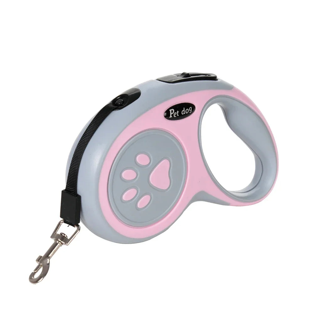 Correa retráctil de nylon rosa y gris para mascota con etiqueta adjunta.