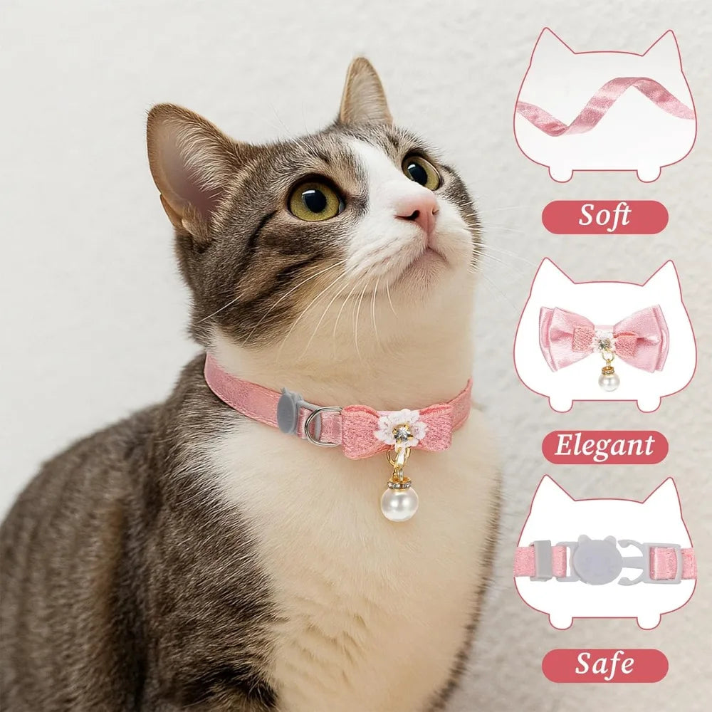 A tabby cat wearing a pink bow collar with a safety buckle, shown alongside different color options.