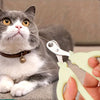 A gray and white cat looks at a pair of green pet nail clippers held by a human hand.