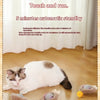 A white cat is lying next to a yellow pet toy ball on a wooden floor, with text promoting an automatic standby feature.