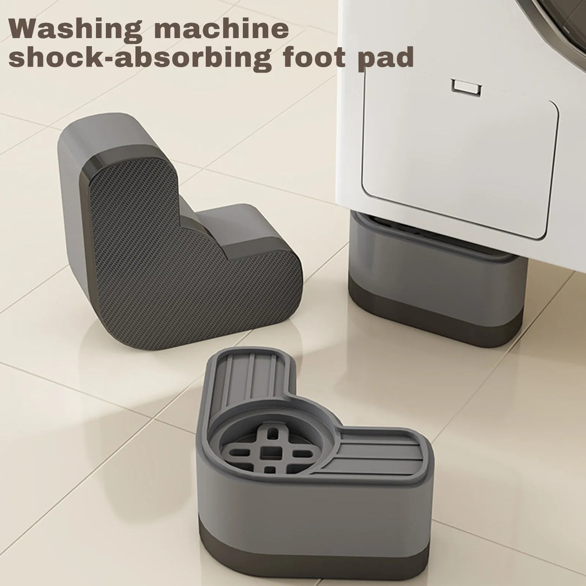 A set of gray silicone shock-absorbing foot pads designed for washing machine vibration reduction.