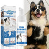 Bottle of Pet Oral Tartar Remover foam for pets next to a happy dog