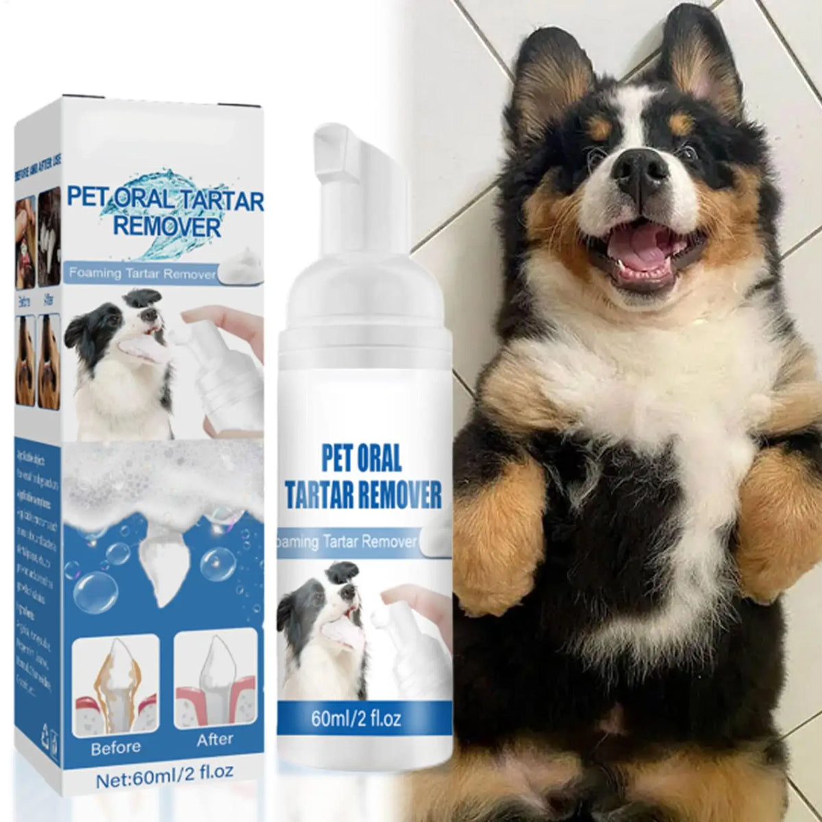 Bottle of Pet Oral Tartar Remover foam for pets next to a happy dog