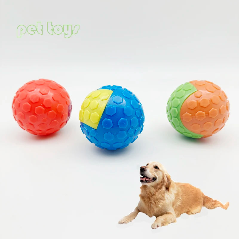 Three brightly colored rubber balls—red, yellow and blue—are displayed next to a golden-colored dog.