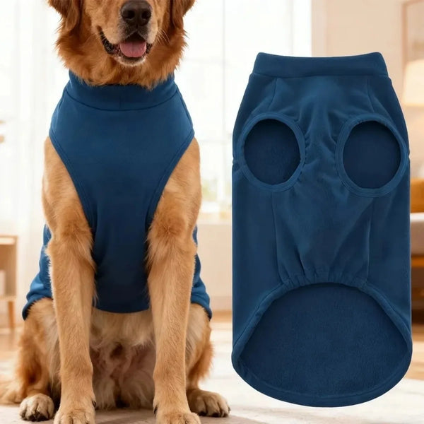A navy blue cozy fleece dog sweater is shown alongside a matching dog potty pad.