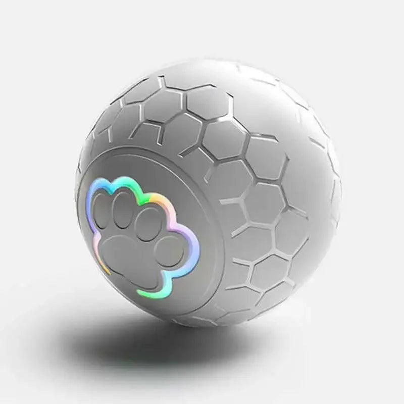 Graue sechseckige Spielball mit Pfotenabdruck-Design, leicht schräg dargestellt.