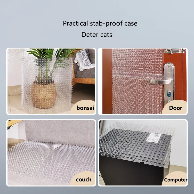 Estuche práctico anti-punzante para disuadir a los gatos, mostrando protección de un bonsái, puerta, sofá y computadora.