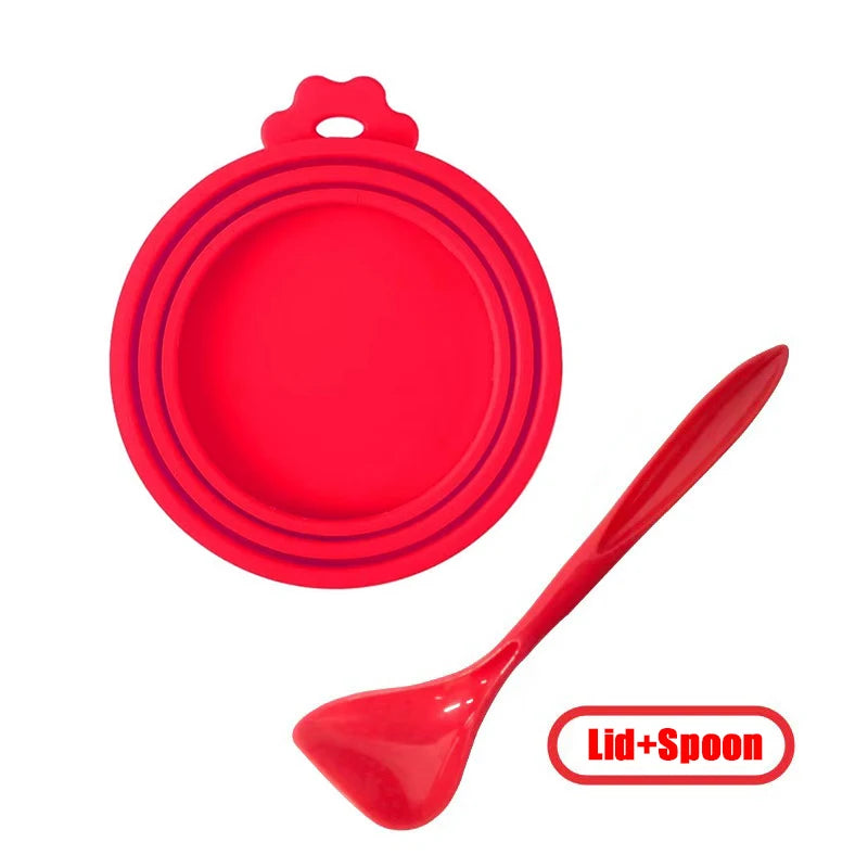 Red reusable silicone pet food can lid and spoon