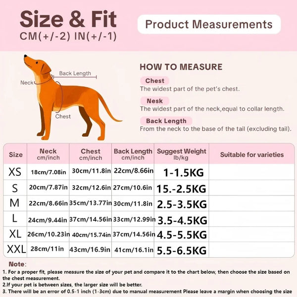 Size and fit chart for a striped cotton cat vest with adjustable fit, showing measurements for various sizes.