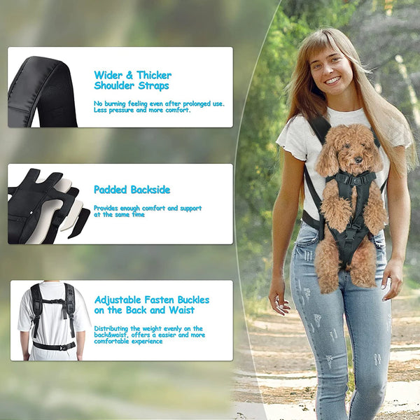 A young woman is wearing a black pet carrier backpack with a fluffy brown dog.