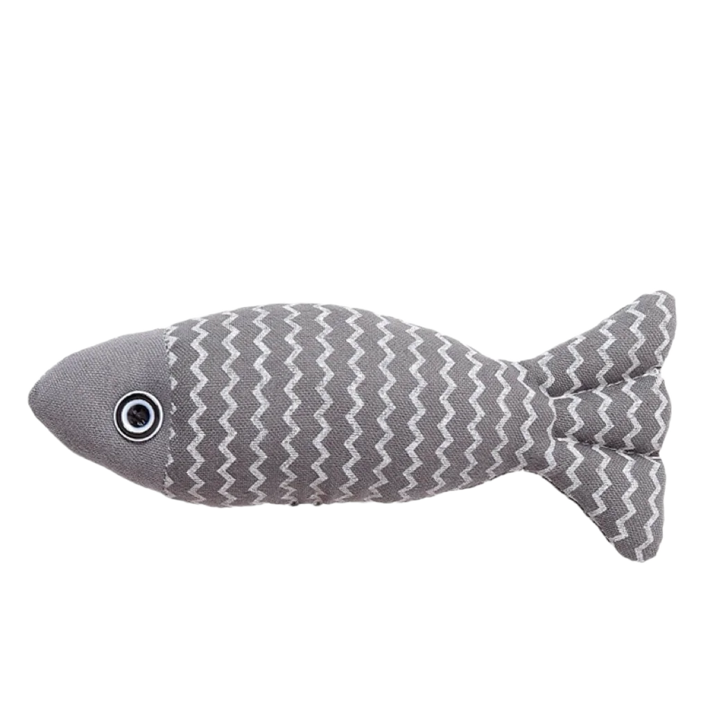 A gray plush toy shaped like a fish with a zigzag pattern, designed as an interactive catnip toy.