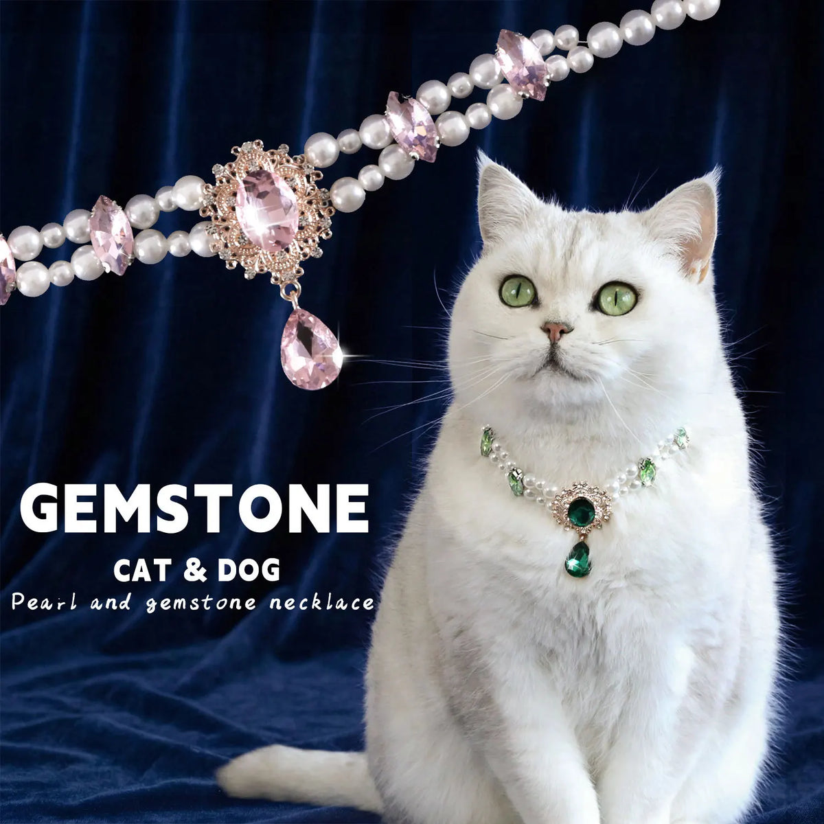 A white cat wearing a pearl and gemstone necklace against a dark blue background.