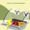 A clear glass bowl with a stainless steel feeding tray holds two birds for food water.