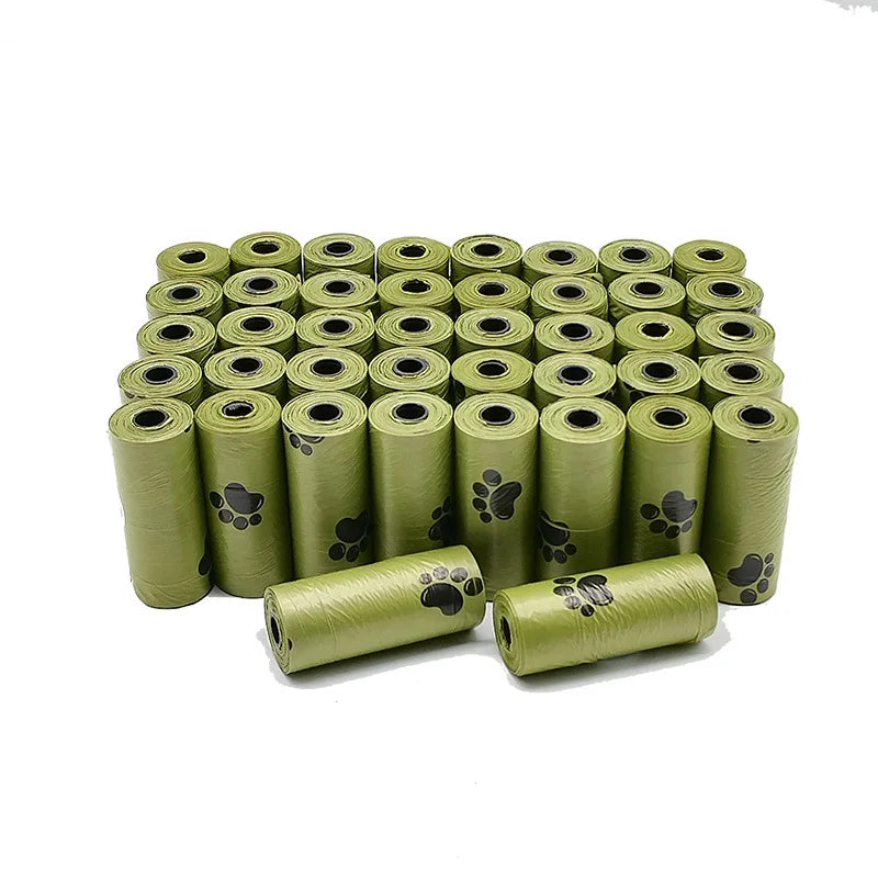 A stack of 300 biodegradable extra-thick dog poop bags in olive green.