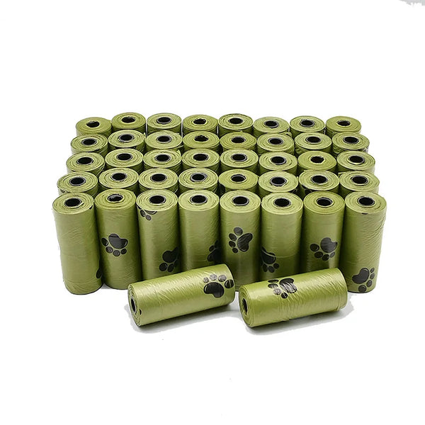 A stack of 300 biodegradable extra-thick dog poop bags in olive green.