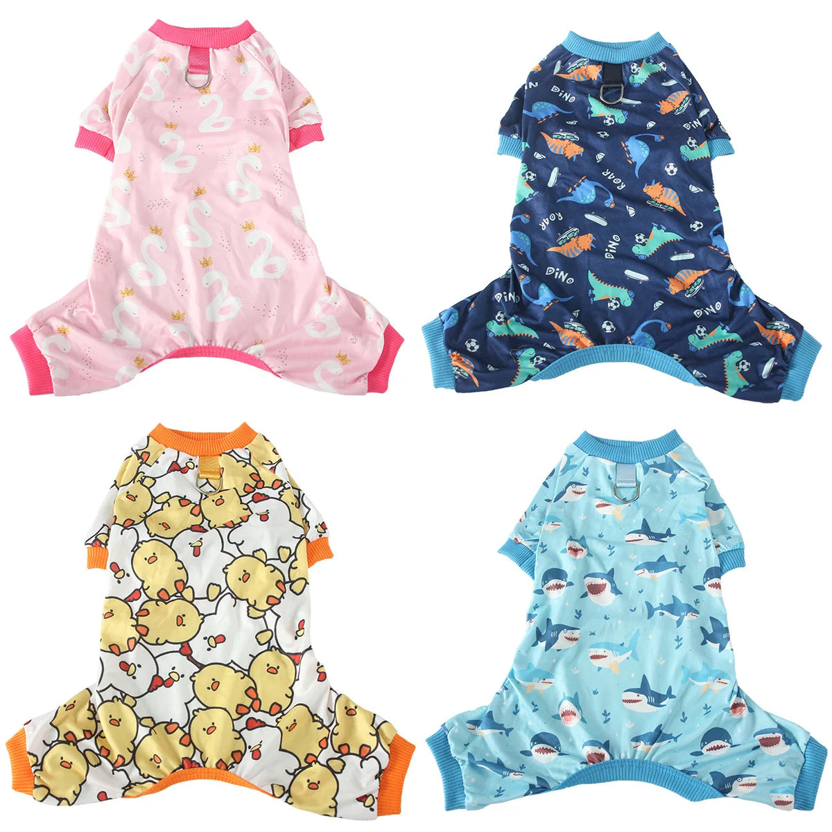 A collection of cute animal print dog jumpsuits and onesies for small breeds in various colors