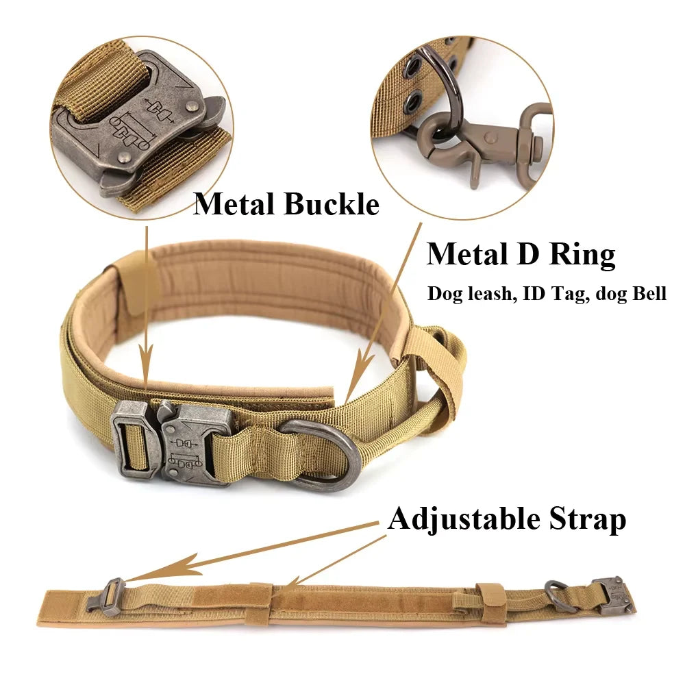 A tactical dog training collar and leash set showing a metal buckle, D ring, and adjustable strap.