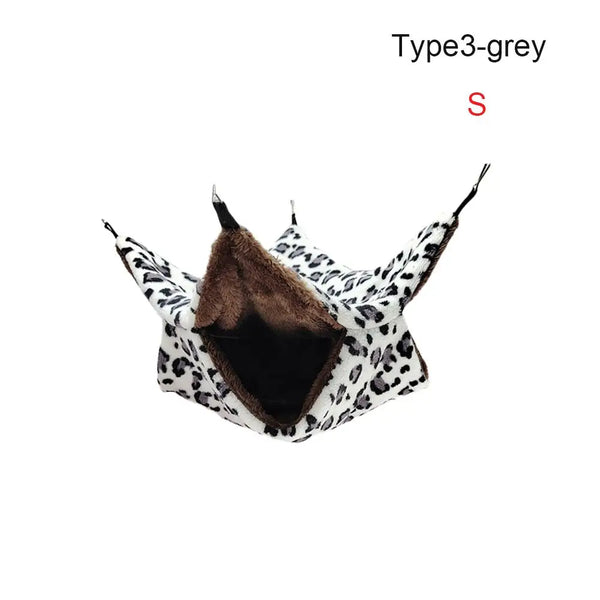 A Type3-grey S size cozy plush pet hammock with a leopard print exterior and brown lining.