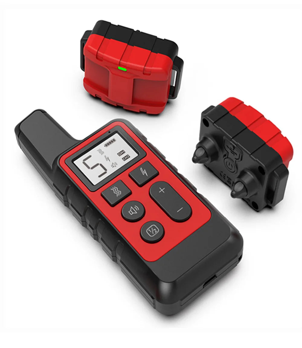A black and red rechargeable remote dog training collar with an LCD display and battery pack.