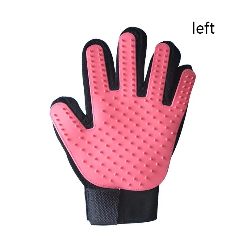 A pink silicone pet grooming glove with a textured surface and black wrist cuff.