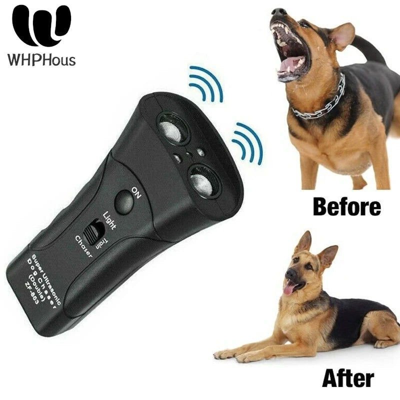 Before and after comparison of an ultrasonic dog deterrent device used to scare a dog.